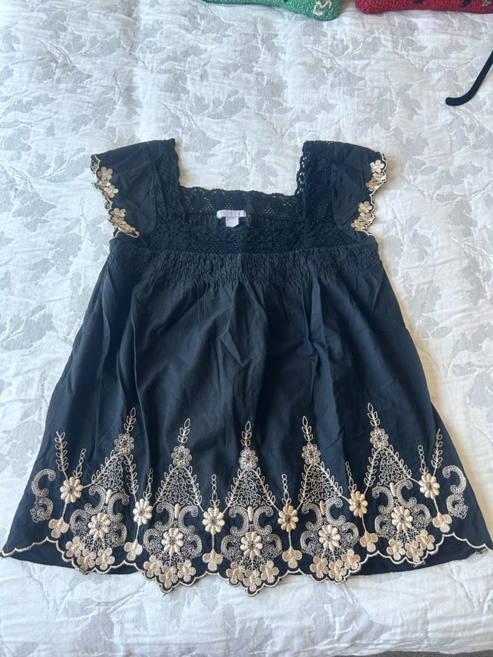 Pura Vida Black Top with Cream Floral Embroidery